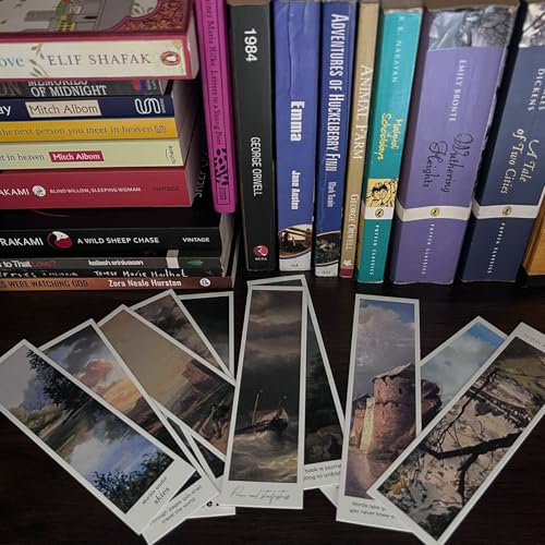 Image of Vintage Landscape Bookmarks - Set of 14 Aesthetic Nature Scene Designs (15x4 cm) with Free Art Postcard | Paper Bookmarks for Books, Journaling & Gifting
