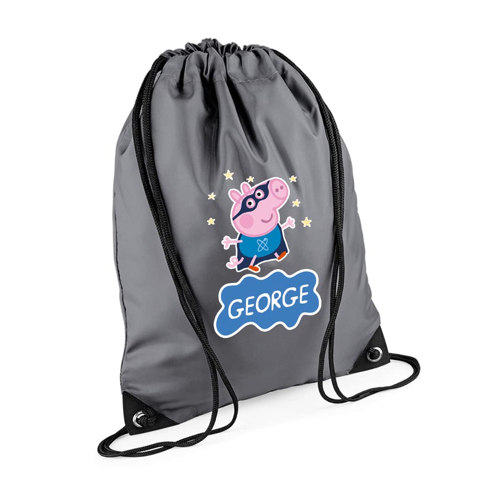 Cute Pig Bag, Personalised Backpack, Pig Bag Gift for Kids-Boy, Toddlers, Birthday Boy, Drawstring Bag, PE Gym Kit Swimming, Sport Rucksack. (Graphite Grey)