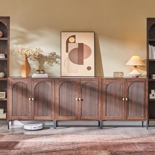 Modern Buffet Cabinet with Storage, 92.63" W Fluted Arched Sideboard Cabinet w/Adjustable Shelves, Wooden Modular Coffee Bar for Dining Room, Kitchen, Living Room, Entryway, Brown