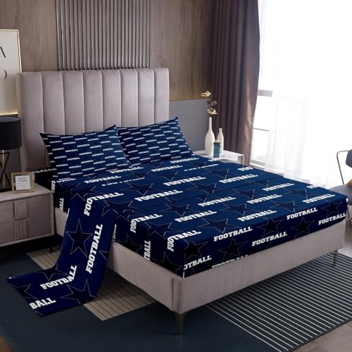 American Texas Star Cowboy Players Sheet Queen Size Rugby Football Sports Games Bedding Set Boys Man Room Decor Rugby Competition Blue Fashion Bed Sheet Set 4pcs(Fitted + Flat + 2 Pillowcases)