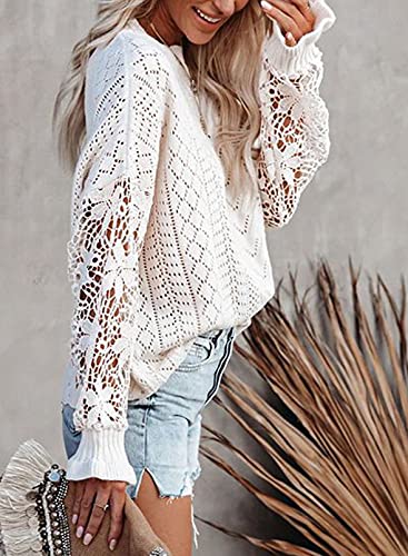 Image of Dokotoo Womens Crewneck Crochet Lace Long Sleeve Hollow Out Cable Knit Sweaters Pullover Tops