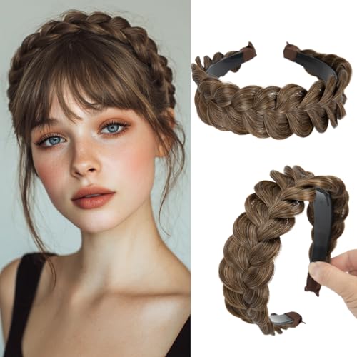 CJL HAIR Wide Braided Headbands Hair Piece for Women Synthetic Hair Hoops Head Bands with Teeth Handmade Braid Hairband Accessories Chocolate 1PC