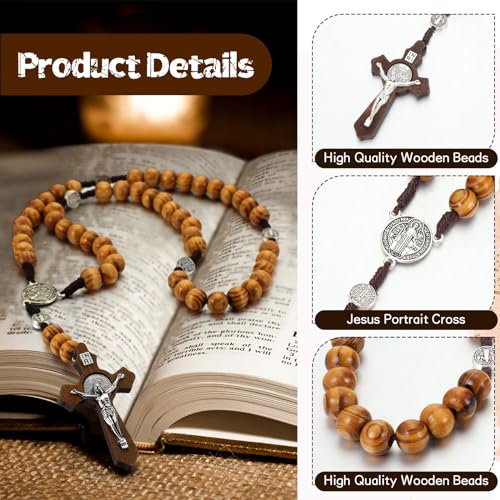 24 Set Wooden Bead Rosary Necklace Catholic Rosary Wood Carved Beads with Jesus Cross Our Father Solid with Organza Bag Pouch Baptism Favors Catholic Gift3