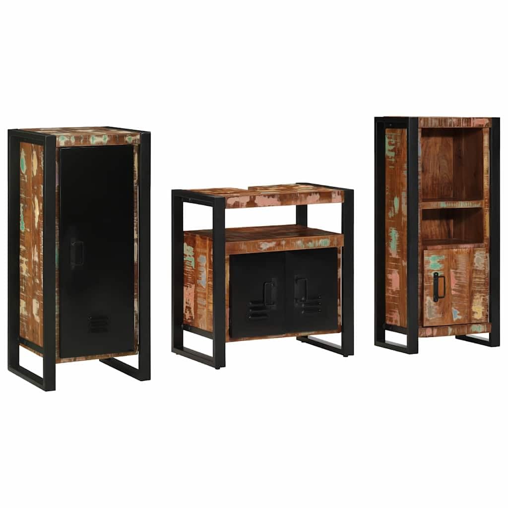 Juego de muebles de baño de 3 piezas, 40 x 35 x 90 cm, madera maciza renovada con marco de metal, diseño moderno para colgar y soporte para pequeños apartamentos y aseos