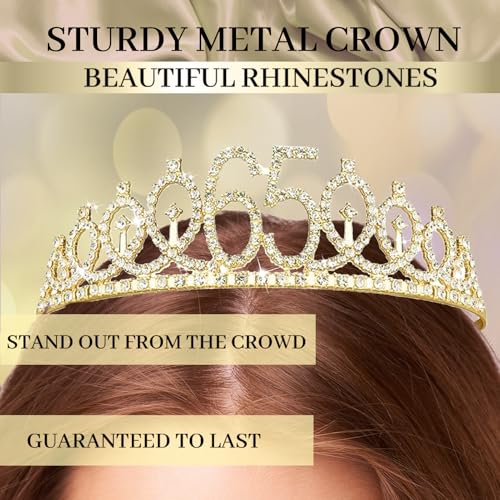 Image of Trgowaul 65th Birthday Decorations for Women, Banner, Sash and Crown, Cake Topper, 65 Number Balloon, Fringe Curtains, Champagne Gold 65th Birthday Party Supplies