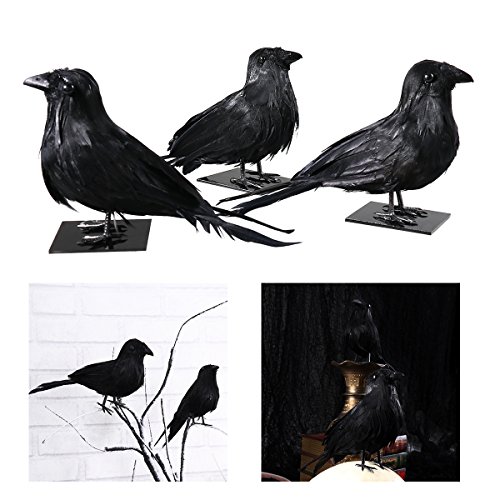 Halloween Black Crow Realistic Feather Crow Artificial Bird Raven Prop Art and Crafts For Halloween Party Decoration Pack 3pcs