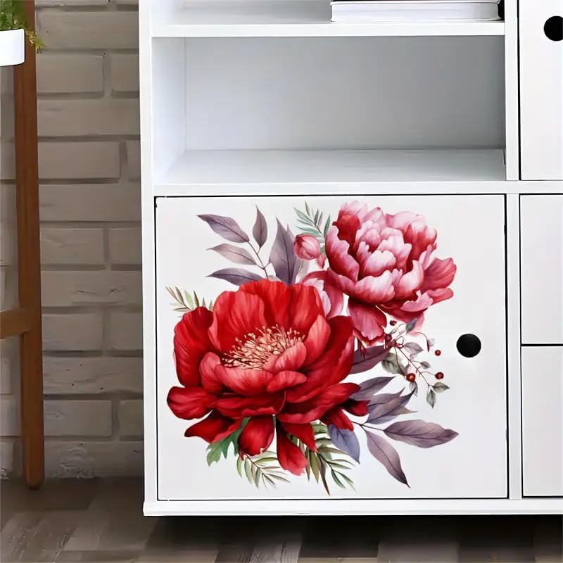 Merry Christmas Red Flowers Leaf Toilet Cover Sticker Decals,Spring Flower Leaf Butterfly Waterproof Toilet Lid Tank Seat Decals Cistern Self-Adhesive Bathroom Wall Sticker