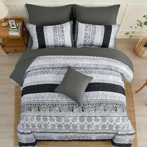 Image of Cottolester Boho King Size Comforter Set 8 Pieces,Gray Bohemian Striped Bed in a Bag,Floral Soft Microfiber Bedding Comforter Set