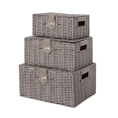 HomeZone Pack of 3 Lockable Grey Wicker Storage Basket with Lids Rattan Woven Decorative Storage Boxes with Lids Grey Baskets for Bathroom Bedroom Kitchen Stair Baskets Hampers - Cosy Home Interiors HomeZone Pack of 3 Lockable Grey Wicker Storage Basket with Lids Rattan Woven Decorative Storage Boxes with Lids Grey Baskets for Bathroom Bedroom Kitchen Stair Baskets Hampers