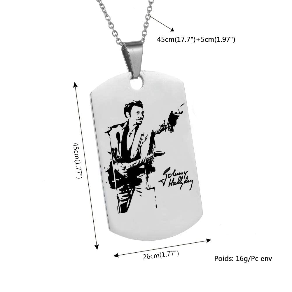 Johnny Hallyday Pendentif Collier Chaîne en Acier Inoxydable Bijoux Homme Cadeaux Souvenir Fan, Emballage de boîte Cadeau