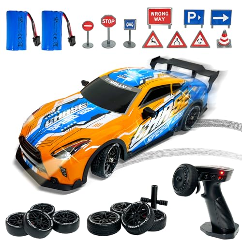 Coche Teledirigido Drift, 1:14 RC Drift Coche 4WD, 25km/h Coche de Carreras Teledirigido, Vehículo Alta Velocidad Carreras con Luces LED, Drifting Auto Juguete para Adultos y Niños (OB)