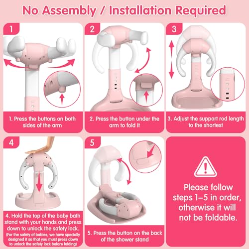 Image of Foldable Baby Shower Standing Support with Anti-Slip Base and Shower Holder, Adjustable Baby Bath Stand, No Assembly /Installation Toddler Stand Up Shower Support for Home /Travel Bath Time, Pink