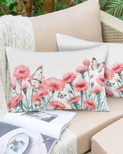 Boanket Lumbar Pillow Covers 12 x 20 in, Red Spring Floral Waterproof Throw Pillow Cover Set of 2, Summer Botanical Elegant Home Decorative Rectangle Cushion Covers for Patio/Tent/Couch/Garden