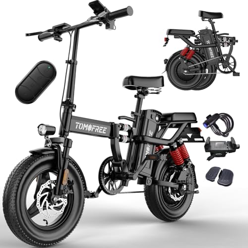 Tomofree Folding Electric Bike for Adults 20-24MPH Peak 750W EBike, 48V 20AH Removable Battery for Electric Bicycles,35-75Miles PAS Range, 10 Shock Absorbers, 14'' Fat Tire Foldable E-Bike, PAS E Bike