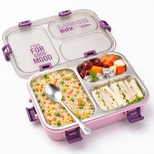 Image of Stainless Steel Lunch Box with 3 Compartments Leak Proof Airtight Lid BPA Free Food Storage Container Durable Portable Bento Tiffin for Kids Adults Office School Picnic (Light Pink)