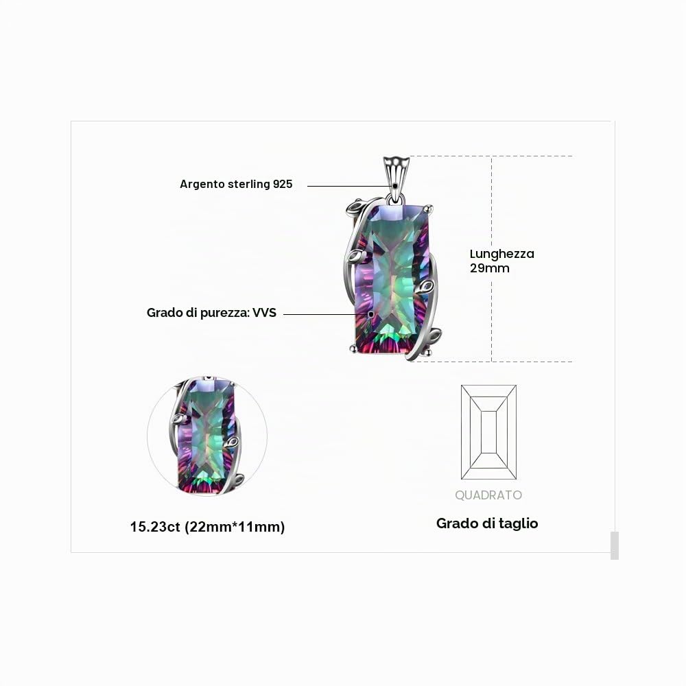 JewelryPalace 15.2ct Collana Donna Argento 925 con Naturale Quarzo Arcobaleno, Solitario Collana Ciondolo Pietra Catena 45cm, Rettangolo Collane Pendenti Colorati in Tre Ori Gioielli Donna