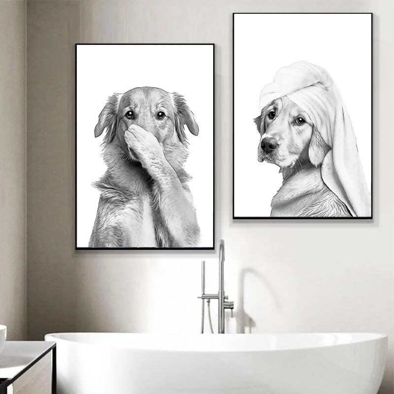 Cuadro Animales WC Perro Cuadro Baño Divertido Poster Lámina Graciosa Baño Lienzo Decorativo para Pared Blanco y Negro 21x30 Cuadro Decoracion Baño
