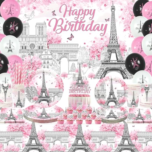 LSJDEER Paris Eiffelturm Geburtstag Party Dekorationen, Teller Tassen Servietten Tischdecke Happy Birthday Hintergrund Ballon Kuchen Toppers für Paris Motto Party Dekorationen, Serves 20 LSJDEER Paris Eiffelturm Geburtstag Party Dekorationen, Teller Tassen Servietten Tischdecke Happy Birthday Hintergrund Ballon Kuchen Toppers für Paris Motto Party Dekorationen, Serves 20