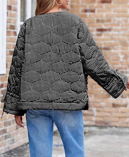 Tankaneo Womens Cropped Quilted Puffer Jackets Lightweight Plaid Button Down Bow Padded Down Coat3