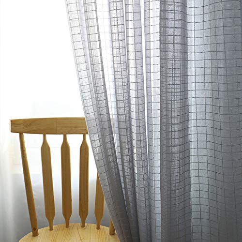 Lino Cortinas Visillo Sala Enrejado Textura Ventanas Cortinas Voile Decoración del Hogar Cortinas De Tul Habitación Balcones-Gris-Gancho 300x250cm(118x98inch)
