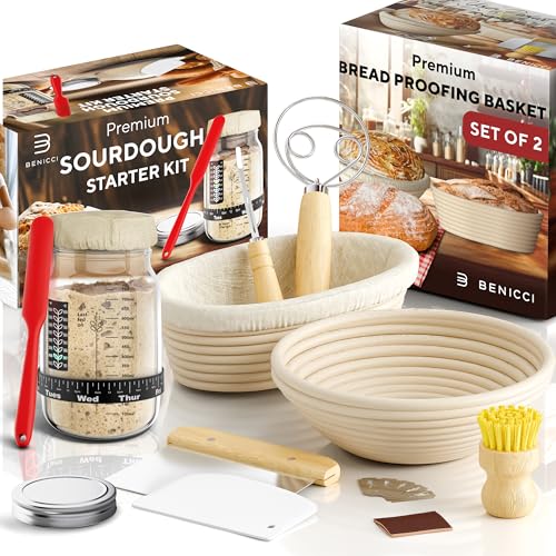 Complete Sourdough Bread Baking Kit - 31.8 oz Starter Glass Jar, 9" & 10" Banneton Proofing Basket w/All Needed Bread Baking Supplies - Perfect Tools Kit for Baking Enthusiasts - Great Christmas Gift
