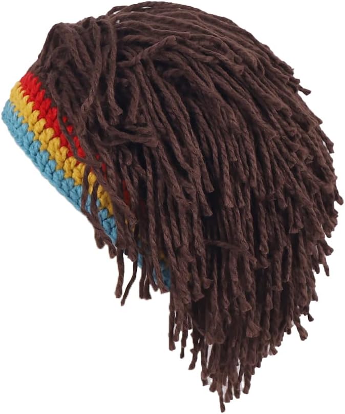Men Knit Hat with Hair Boys Funny Handmade Knitting Winter Hat Beanie Rasta Hat with Dreadlocks