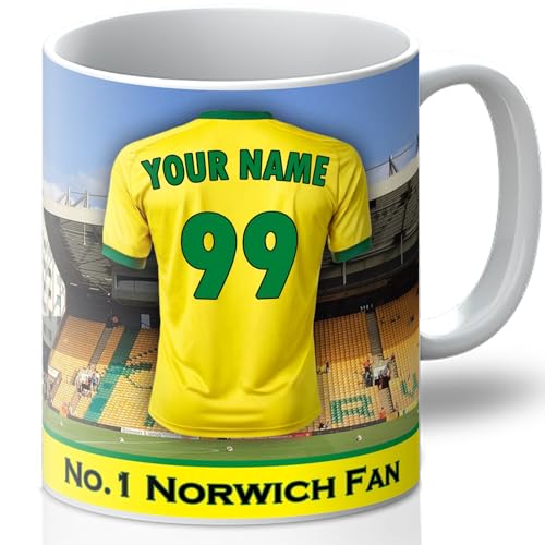 Image of Personalised Norwich City Mug - Customise with A Name and Number for The Shirt and A Message On The Back of The Cup