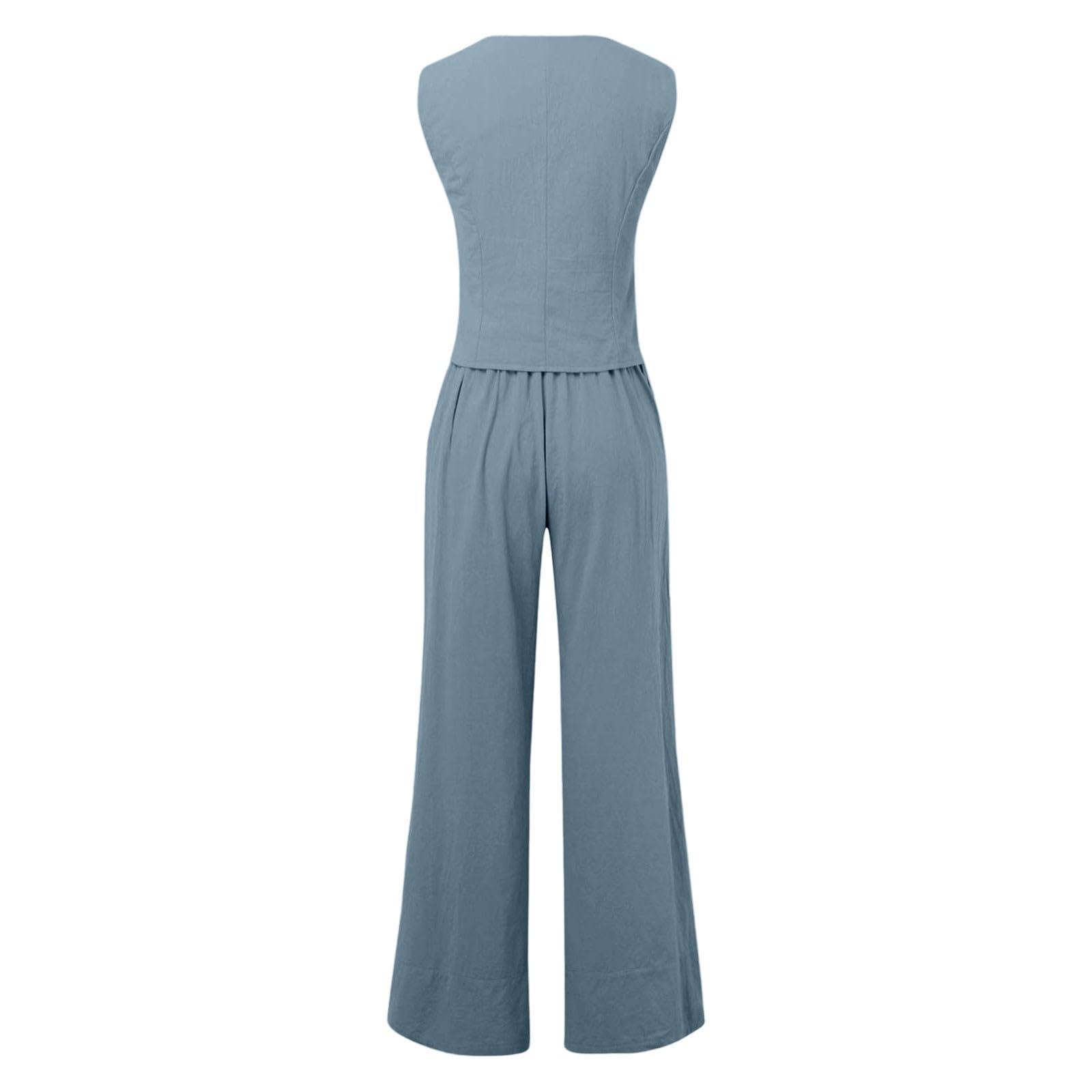 Ensemble 2 pièces pour femme en coton et lin avec col en V, sans manches, boutonné et pantalon à jambes larges, ensemble d'automne assorti élégant pour le bureau