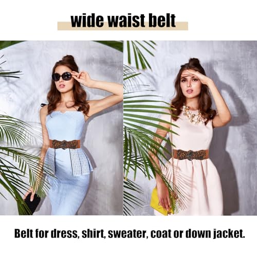 Women Leopard Stretchy Belt Vintage Dress Elastic Waist Belt Leather Buckle Wide Waist Waistband Dress Decoration3