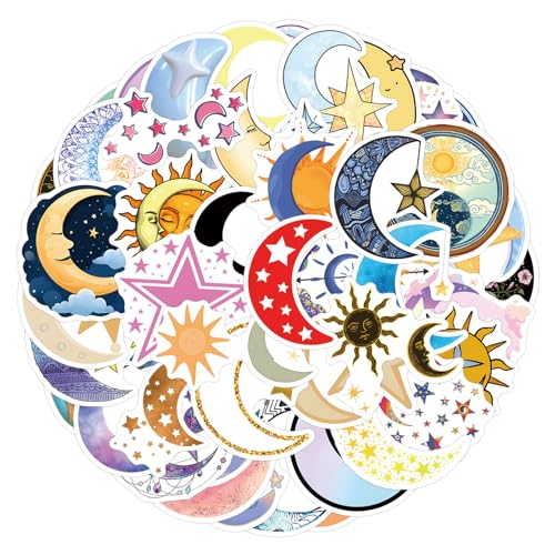 55 Pcs Moon and Star Stickers Waterproof Luminous Starry Sky Sticker Set Suitable for laptops Water Bottles Mobile Phones suitcases Cars wall Decorations DIY Creative Gifts(Moon and Star)