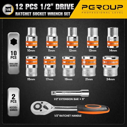 Image of 12 PCS 1 /2 inch Drive Metric Socket Wrench Set,1 /2 Reversible Ratchet Handle,6 Point Shallow Sockets (10-24mm) and Extension Bar 5 inch, CR-V Steel, Car Repair Set