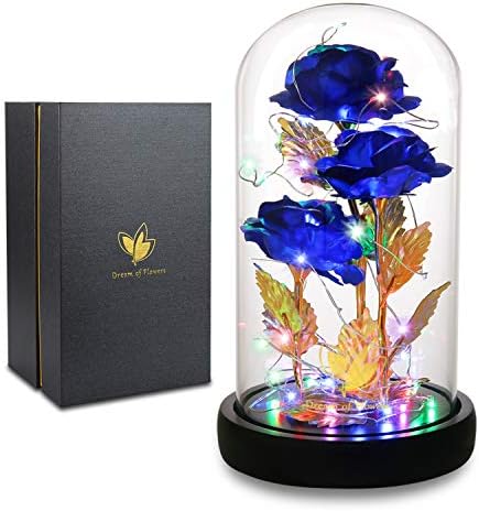 Gifts for Women, Valentines Day Flowers Gifts for Her Beauty and The Beast Rose 24K Blue Rose with Fairy String Light, Enchanted Blue Rose Light Up Rose Gift on Anniversary Birthday