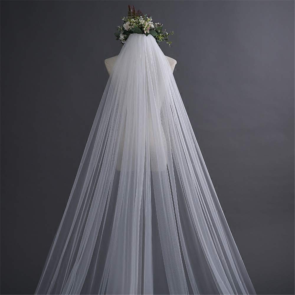 Velo de boda de 2 animales, velo de novia, hecho a mano, encaje floral, borde de corte elegante, largo catedral, tul suave simple con peine, 4 m