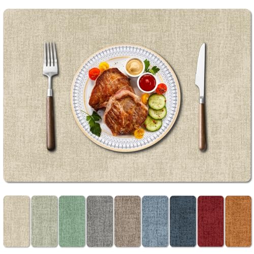 Enaskv Faux Leather Heat Resistant Placemats Set of 4 – Waterproof Oilproof Wipeable Dining PU Place Mat Easy Clean Table Mats for Kitchen/Dining/Party/Holiday, Beige