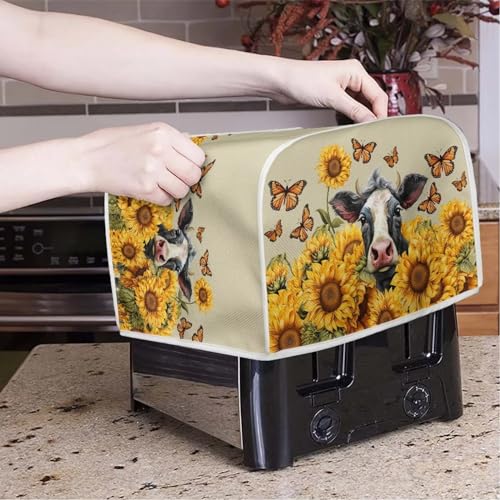 Image of Talayituse Cow Sunflower Butterfly Print 2 Slice Toaster Covers Dust Protection Bread Maker Covers Toaster Oven Cloth Cover Kitchen Accessories Washable Appliance Cover