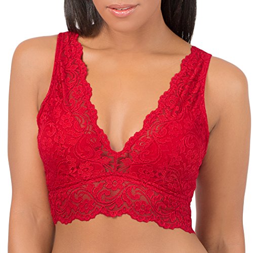 Smart & Sexy Women's Signature Lace Deep V Neck Wireless Bralette, Bralettes For Women With Support, Bralettes and Bralette Pack No No Red XL