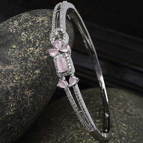 Image of ZENEME Rhodium-Plated American Diamond Studded Flower Patterned Kada Bracelet For Girls and Women