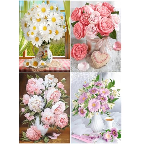 SHEGZHUC Diamond Painting Bouquet Fleurs Lot de 4 30x40cm Diamant Painting Fleur de Pivoine Broderie Diamant Rose Marguerite Chrysanthème Diamond Painting...