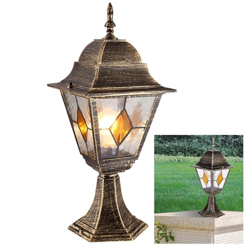 Chao Zan Wegeleuchte Glas Aluminium in Kupfer Antik IP55 Weg Garten 42 cm hoch E27 Tiffany Stil Rustikal Laterne Sockelleuchte Außen,ohne Leuchtmittel (Klein)