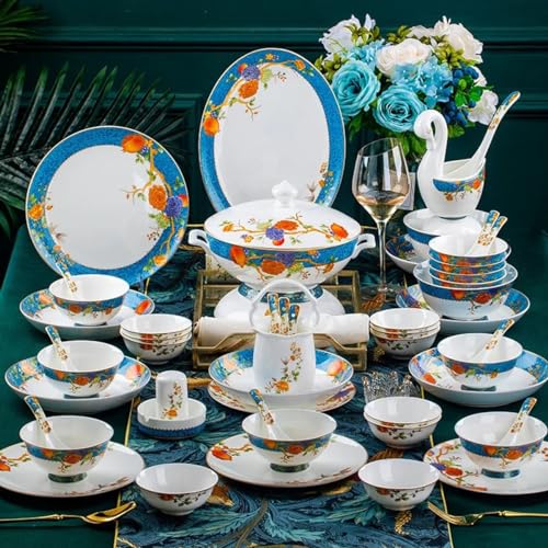 Zestaw zastawy stołowej z porcelany kostnej, 60 sztuk dla 10-12 osób, kwiatowy wzór granatu, europejski wzór pałacowy, wysokiej jakości przybory kuchenne, zastawa stołowa gotowa na prezent
