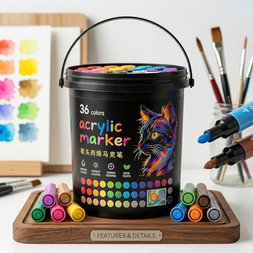 Image of SMILE Professional 36 Colors Acrylic Marker Pen Set - Multi Surface Paint Pens for Rock, Glass, Canvas, Wood, Ceramic, DIY Craft & School Projects