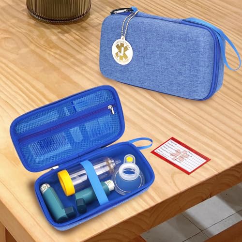 Image of MGZNMTY Travel Carrying Case Compatible with Asthma Inhaler Spacer for Adults and Children, Masks, Inhaler Holder with Asthma Alert Tag and Medical Card, Carabiner (Only Case) (Blue)