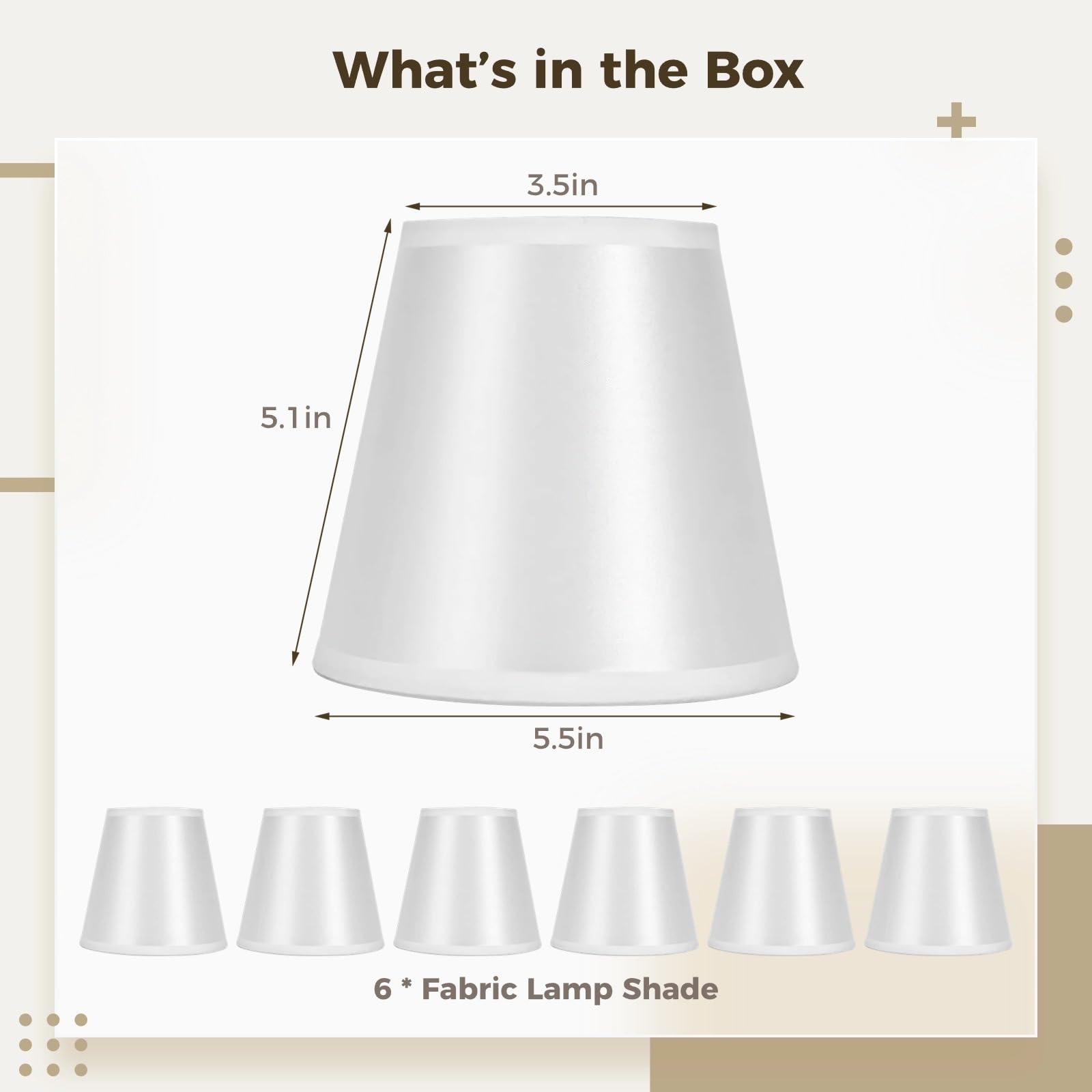 Lot de 6 abat-jours à clipser en tissu, abat-jour lustre en soie blanche, 8,9 cm en haut x 13,9 cm de hauteur x 14 cm en bas, style ampoule bougie