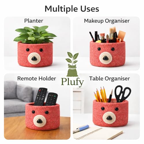Image of Teddy Eco-Friendly Cotton Rope Basket Set of 2 (6x6 Inch) - Remote Holder for Living Room & Remote stand for Table, Makeup organisers, Jute Planter Basket & Jute Pots for Plants (Red - Combo)