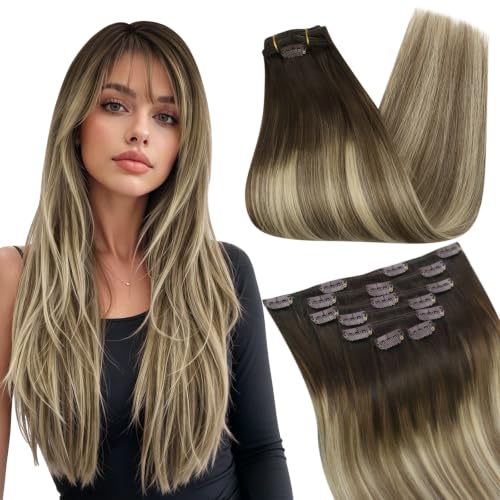 Image of Ugeat Hair Extensions Real Human Hair Clip ins Balayage 20 Inch 7pcs 120g | Clip in Extensions Real Human Hair , Chocolate Brown Balayage Bleach Blonde , Easy Application