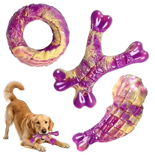 PYOCRD Jouet à Mâcher pour Chien – 3 Pièces Jouets Chien Indestructibles en Nylon, Saveur Bœuf, Nettoyage des Dents et Jeu Interactif & Réduit l'Anxiété, pour Chiens Moyens et Grands (Violet)