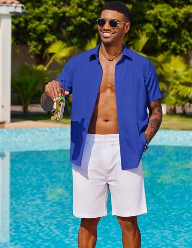 Image of COOFANDY Mens Cuban Guayabera Shirt Short Sleeve Button Down Shirts Summer Beach Vacation Shirts