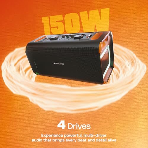Image of Zebronics Party Speaker, 150W, AURACAST Technology, Upto 5 Hours Playtime, 4 Drivers, BT v5.4, Wireless Mic, Mic & Guitar in, RGB, Mobile Holder, Splash Proof, AUX, USB, App Support (Prima Pro)