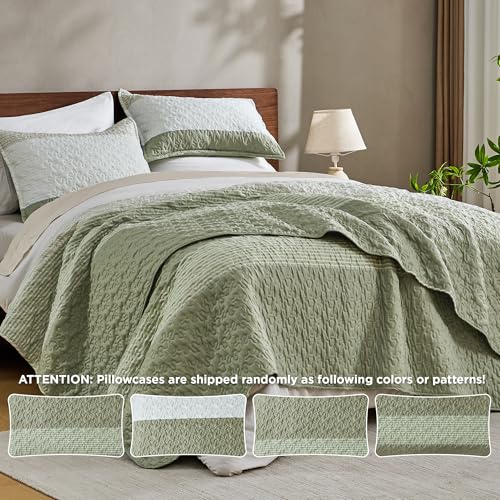 Image of Andency King Size Quilt Set Weat Green, 3 Pieces Summer Ultra Soft Lightweight Bedspreads & Coverlets Set, Patchwork Striped Quilted Bedding Sets for All Seasons (1 Quilt, 2 Pillow Shams)