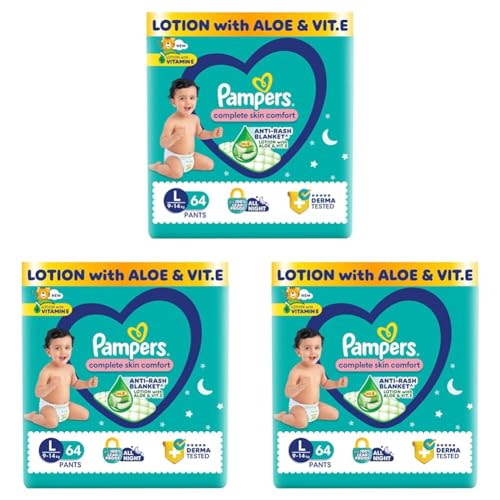 Image of Pampers Complete Skin Comfort Pants, Anti-rash blanket, Lotion with Vitamin E & Aloe Vera, Large (L), 64 Count, 9-14kg (Pack of 3)